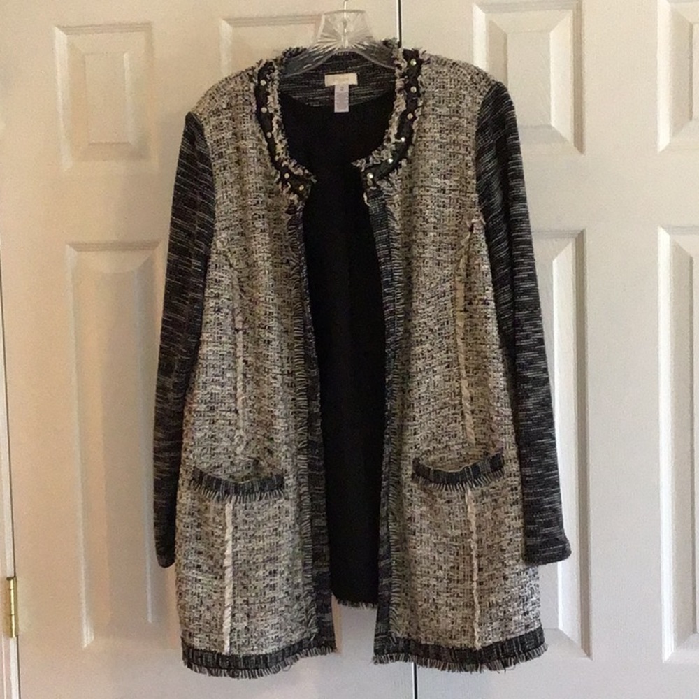 Chico’s mixes fabric unstructured jacket